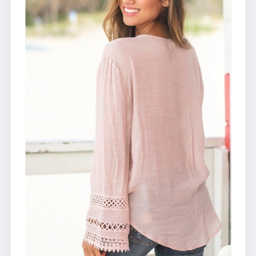 Saved By The Dress L Dusty Mauve Crochet Wrap Top Lace Trim Bohemian Co-1891 — image 2 of 8